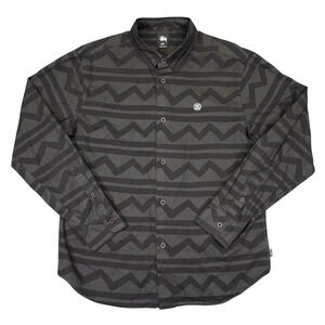 Stussy Button Down Shirt‎ Mens Large Black Gray Zig Zag Long Sleeve Streetwear